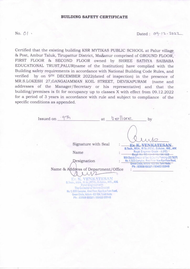 BUILDING SAFETY CERTIFICATE KSR MYTIKAS